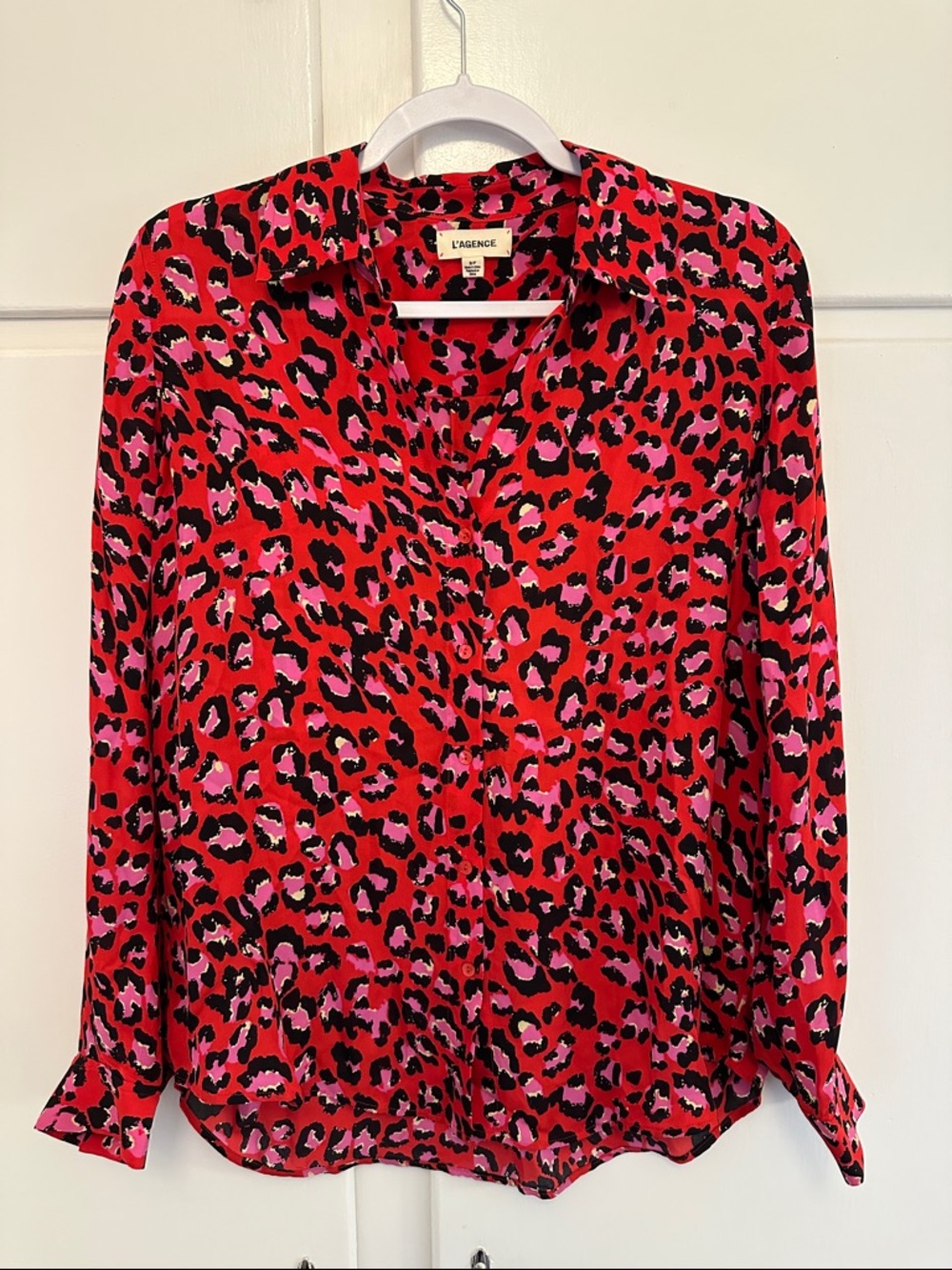 LIKE NEW L'Agence Red Leopard Silk Button Down Blouse Top